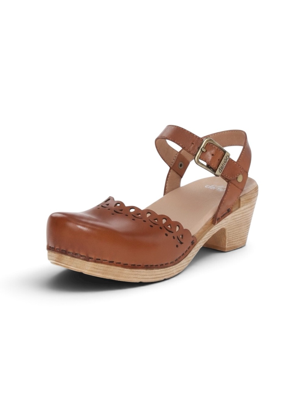 Dansko Tan Leather Ankle-Strap Marta Clog with Scallop Cutouts Sz 39